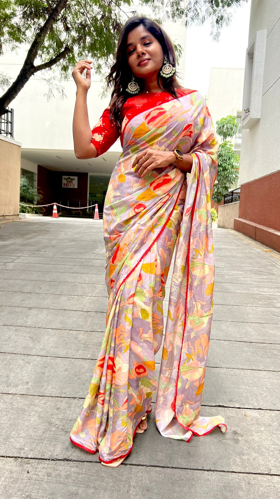 Grey floral soft organza saree with banarasi blouse