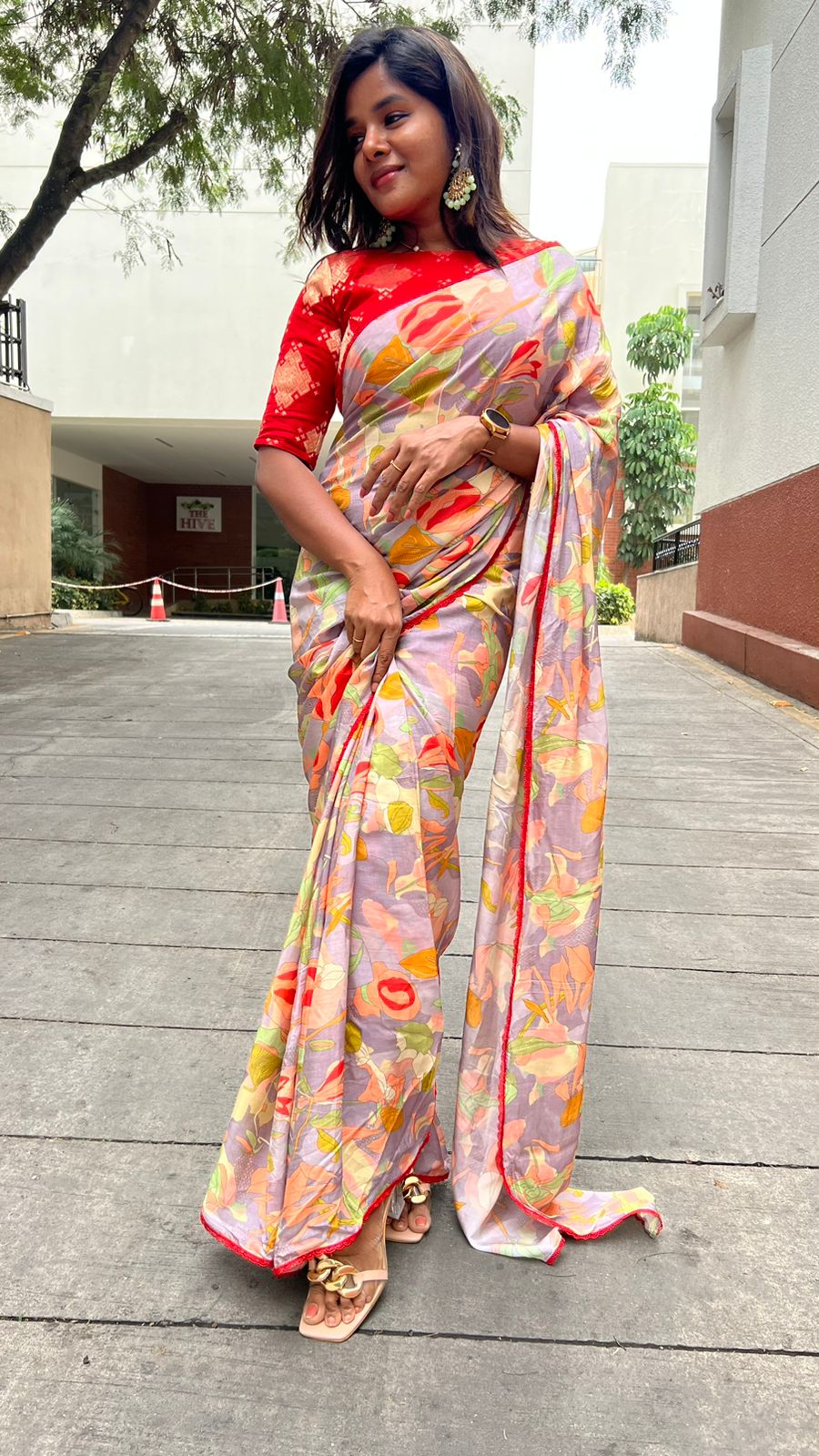 Grey floral soft organza saree with banarasi blouse