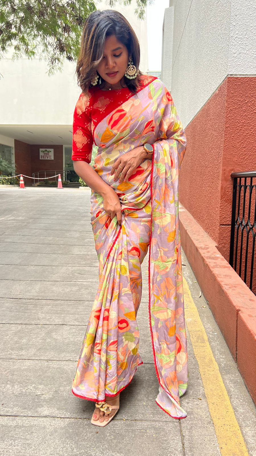 Grey floral soft organza saree with banarasi blouse