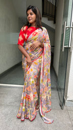 Grey floral soft organza saree with banarasi blouse