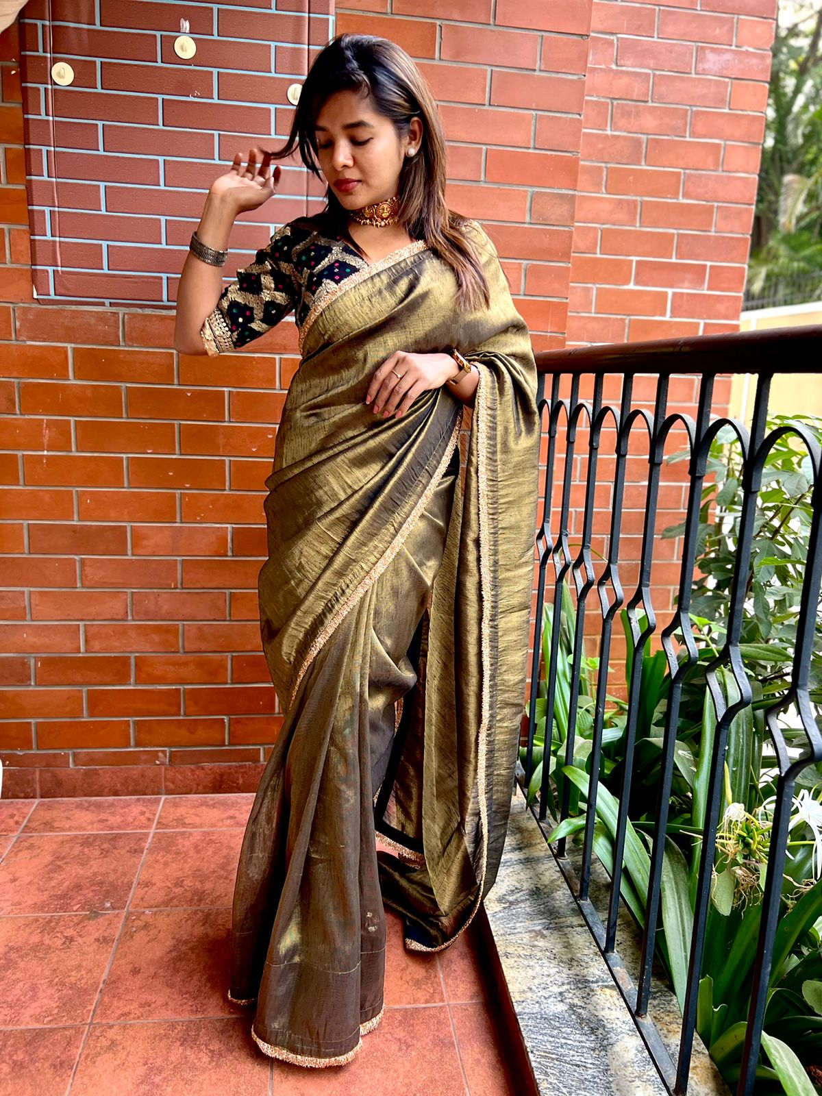 Black & gold soft tissue saree with banarasi blouse