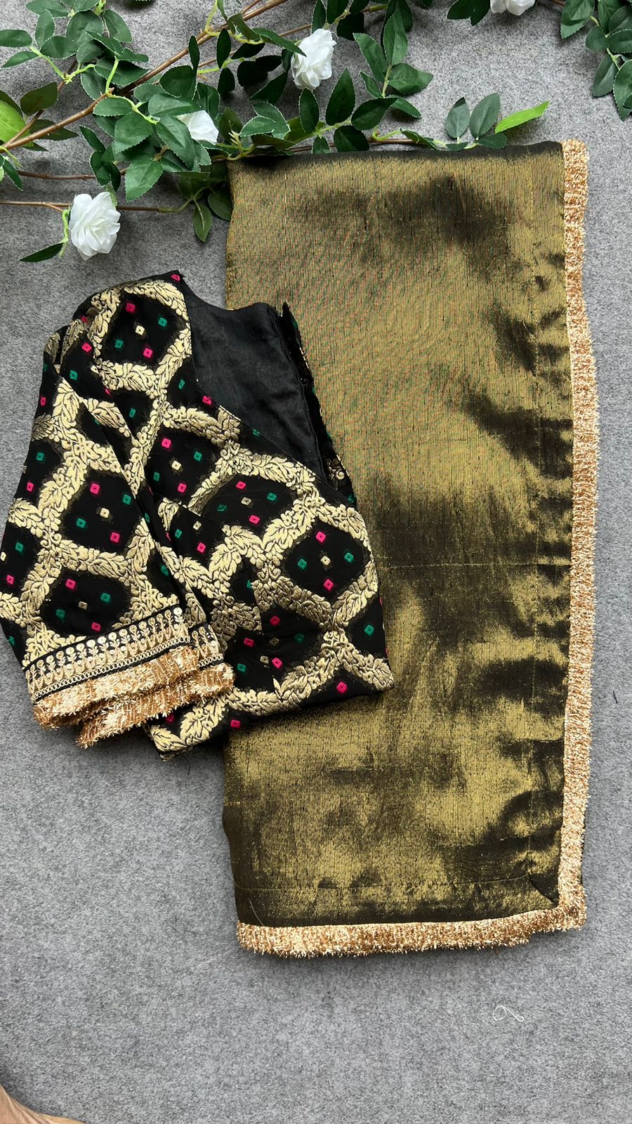 Black & gold soft tissue saree with banarasi blouse