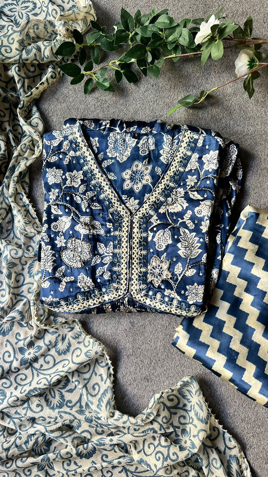 Satin blue floral printed 3 piece alia cut kurti suit