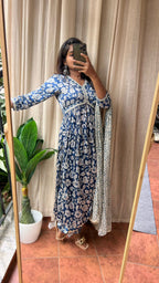 Satin blue floral printed 3 piece alia cut kurti suit