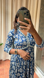 Satin blue floral printed 3 piece alia cut kurti suit