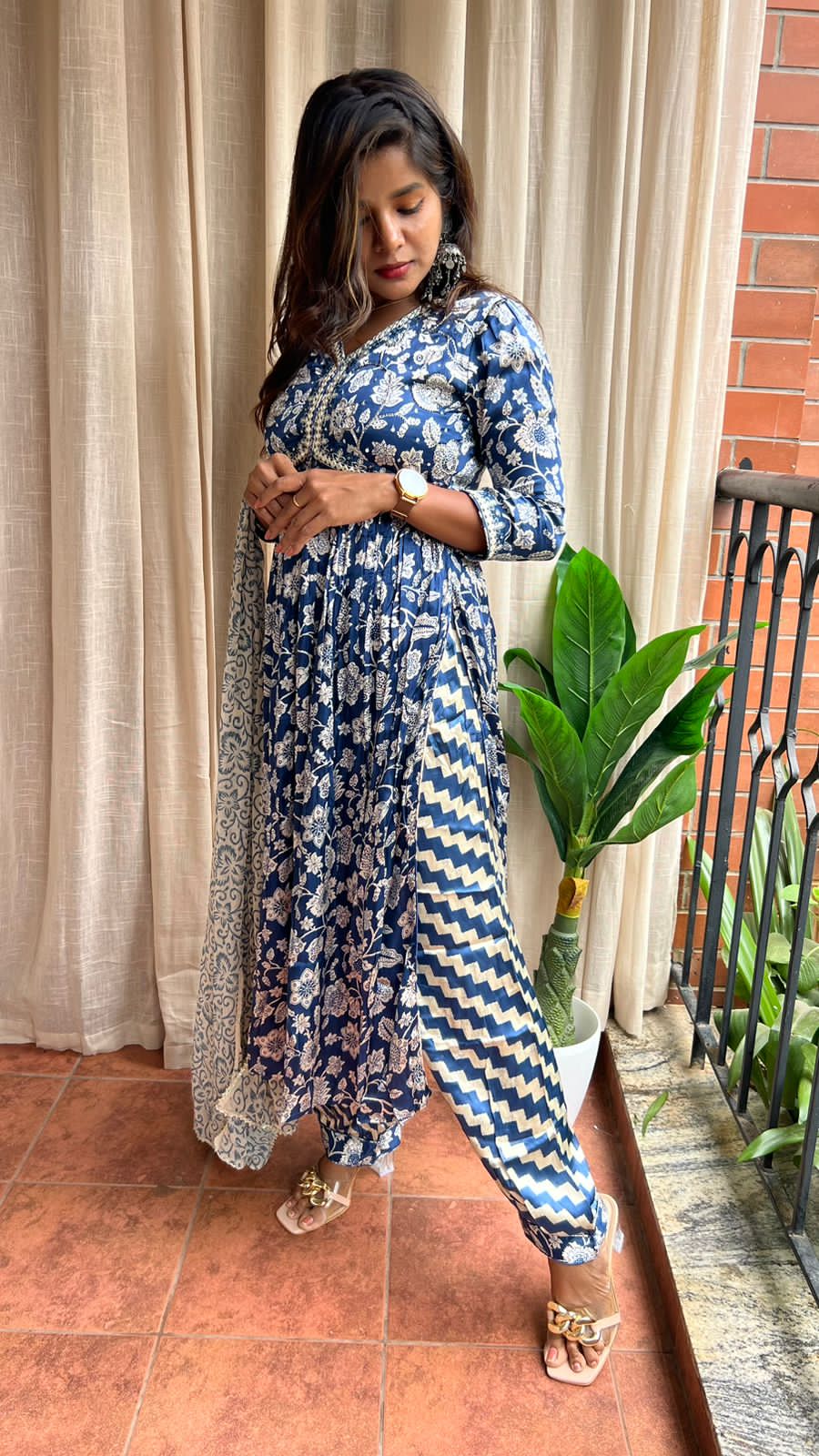Satin blue floral printed 3 piece alia cut kurti suit