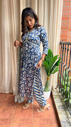 Satin blue floral printed 3 piece alia cut kurti suit