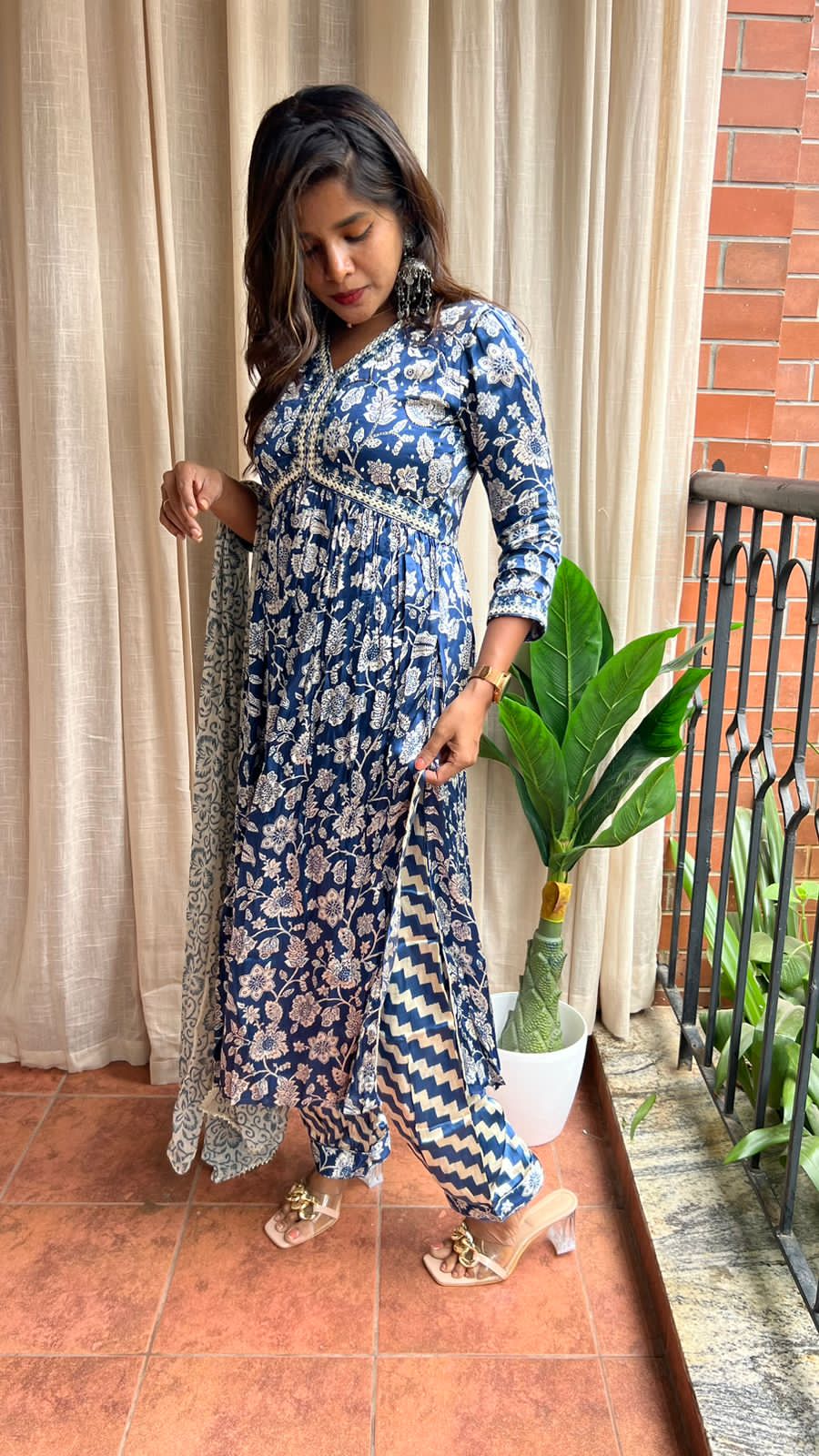 Satin blue floral printed 3 piece alia cut kurti suit