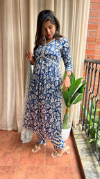 Satin blue floral printed 3 piece alia cut kurti suit