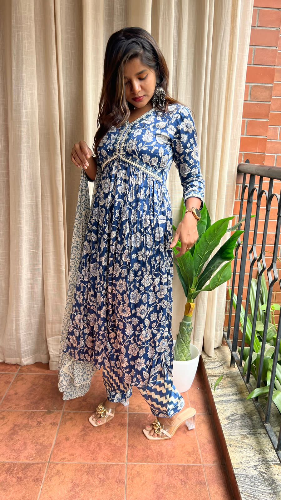 Satin blue floral printed 3 piece alia cut kurti suit