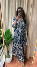 Satin blue floral printed 3 piece alia cut kurti suit