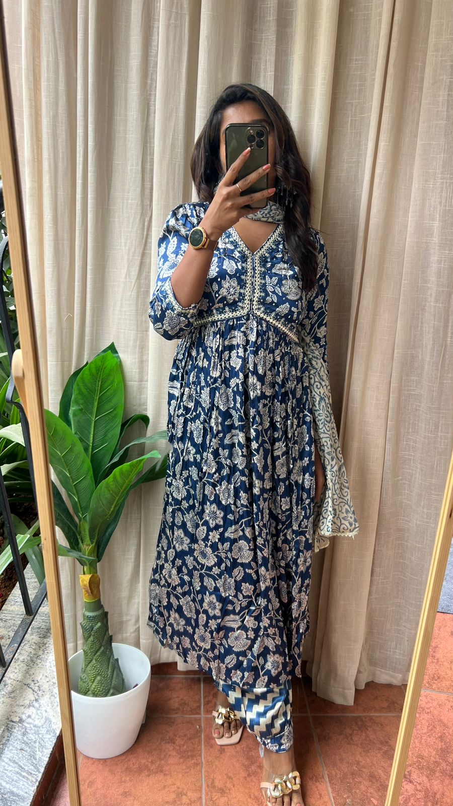 Satin blue floral printed 3 piece alia cut kurti suit