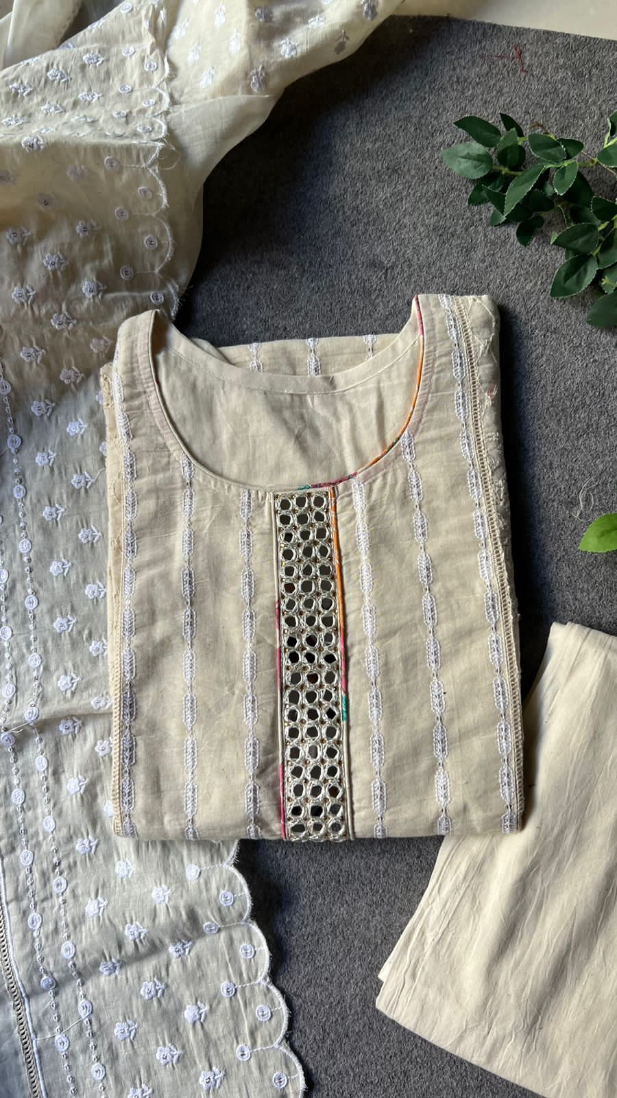 Half white cotton embroidered 3 piece kurti suit