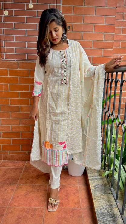 Half white cotton embroidered 3 piece kurti suit
