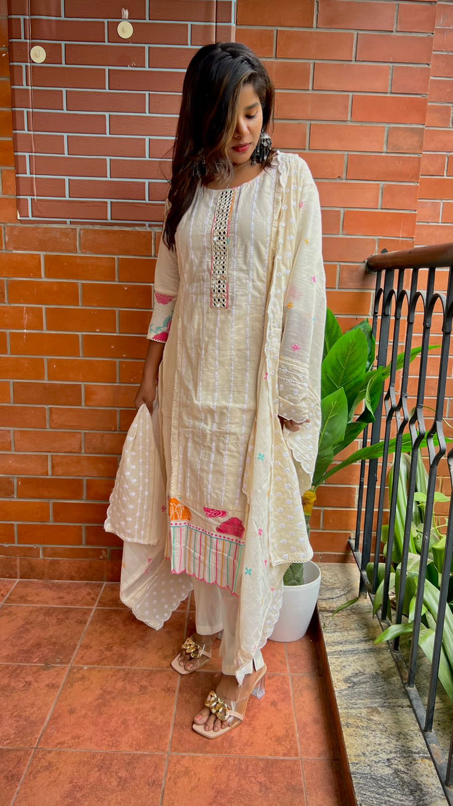 Half white cotton embroidered 3 piece kurti suit