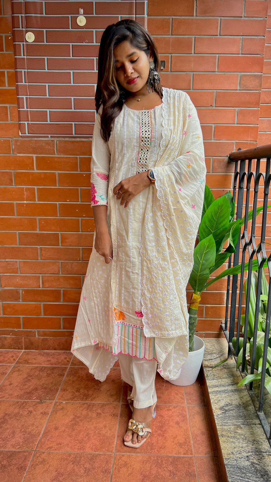 Half white cotton embroidered 3 piece kurti suit
