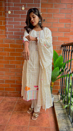 Half white cotton embroidered 3 piece kurti suit