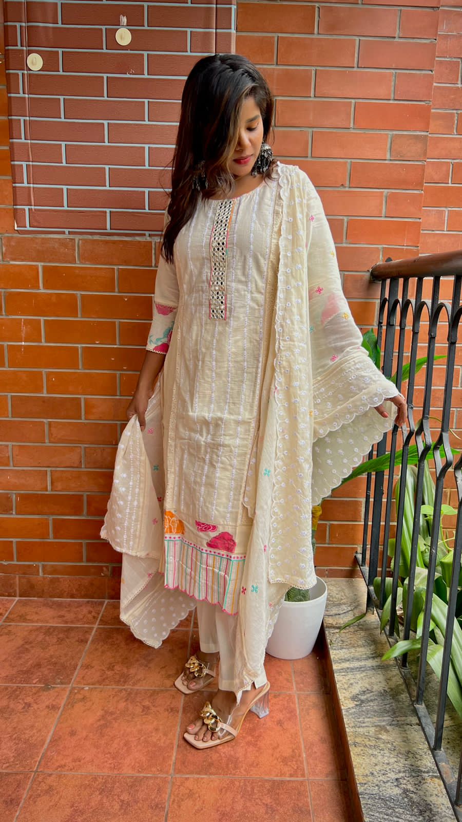 Half white cotton embroidered 3 piece kurti suit