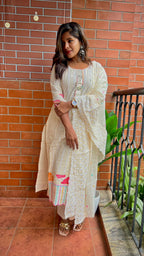 Half white cotton embroidered 3 piece kurti suit