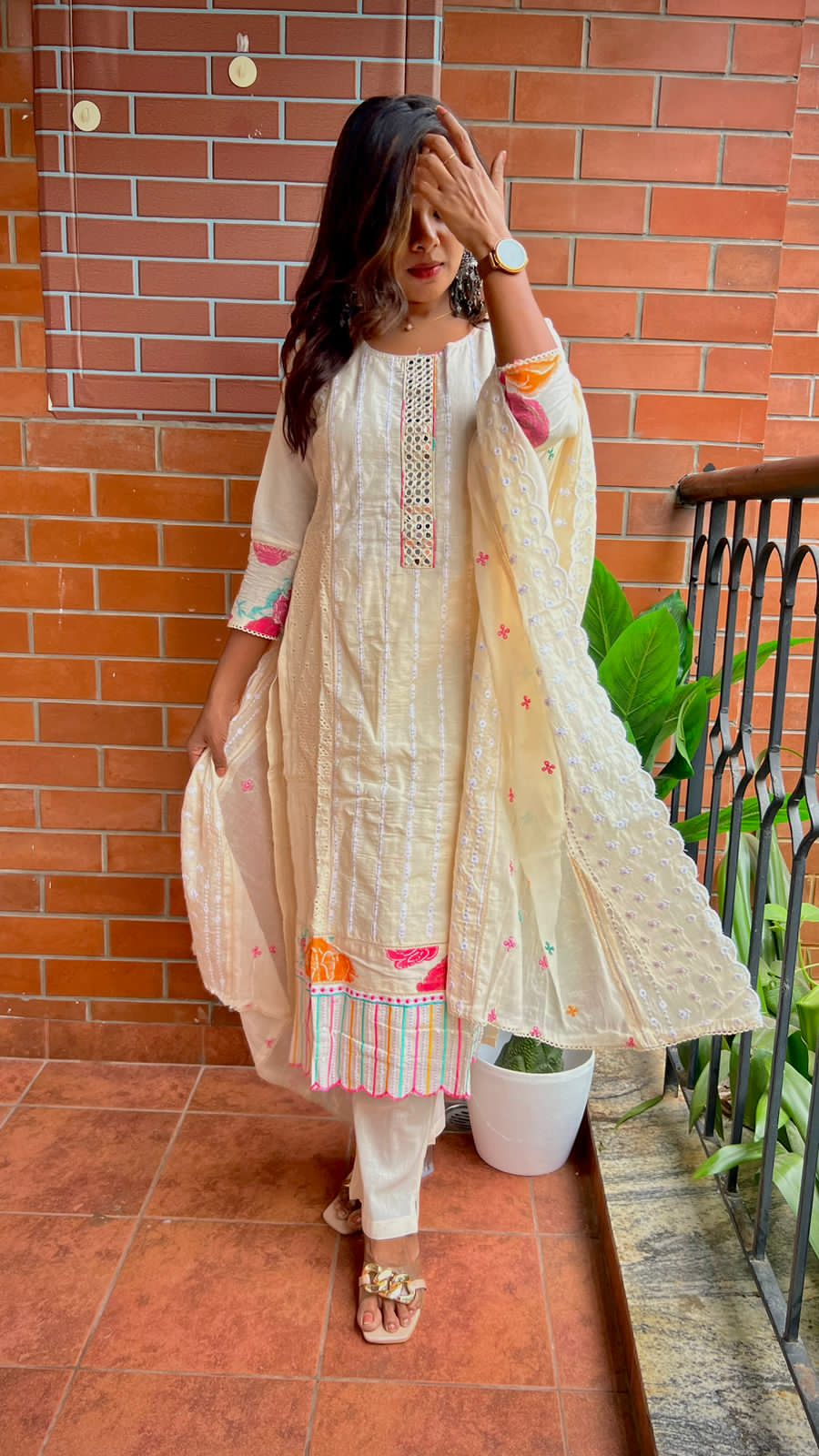 Half white cotton embroidered 3 piece kurti suit