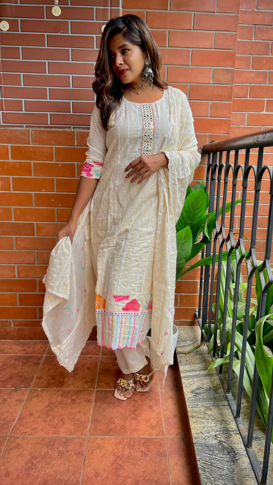 Half white cotton embroidered 3 piece kurti suit