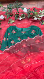 Reddish organza saree with green velvet blouse