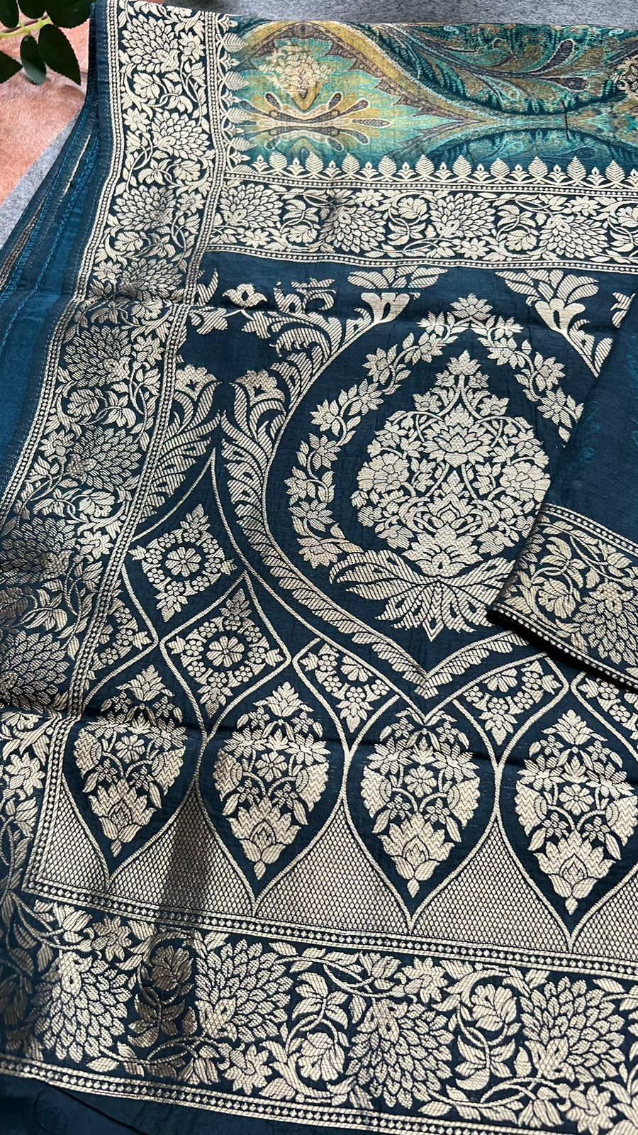 Dark blue silk saree with mirror embroidery blouse