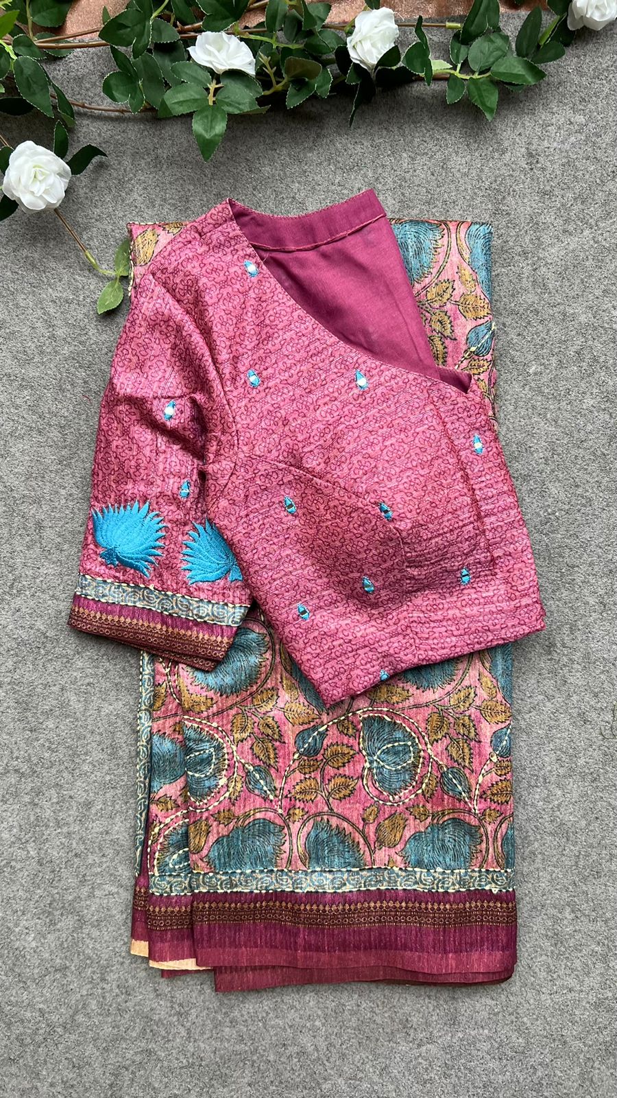 Kantha pink floral chanderi saree with embroidery blouse