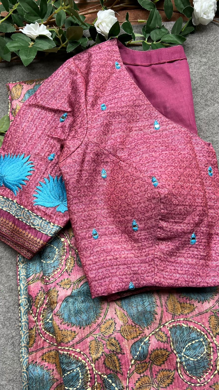 Kantha pink floral chanderi saree with embroidery blouse