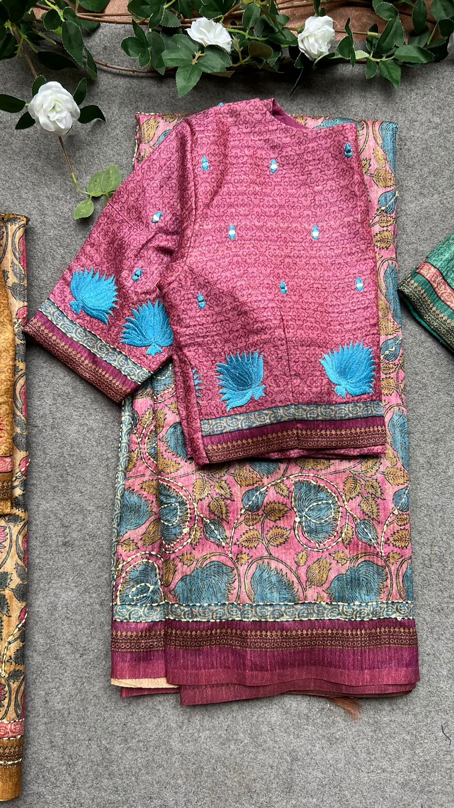 Kantha pink floral chanderi saree with embroidery blouse