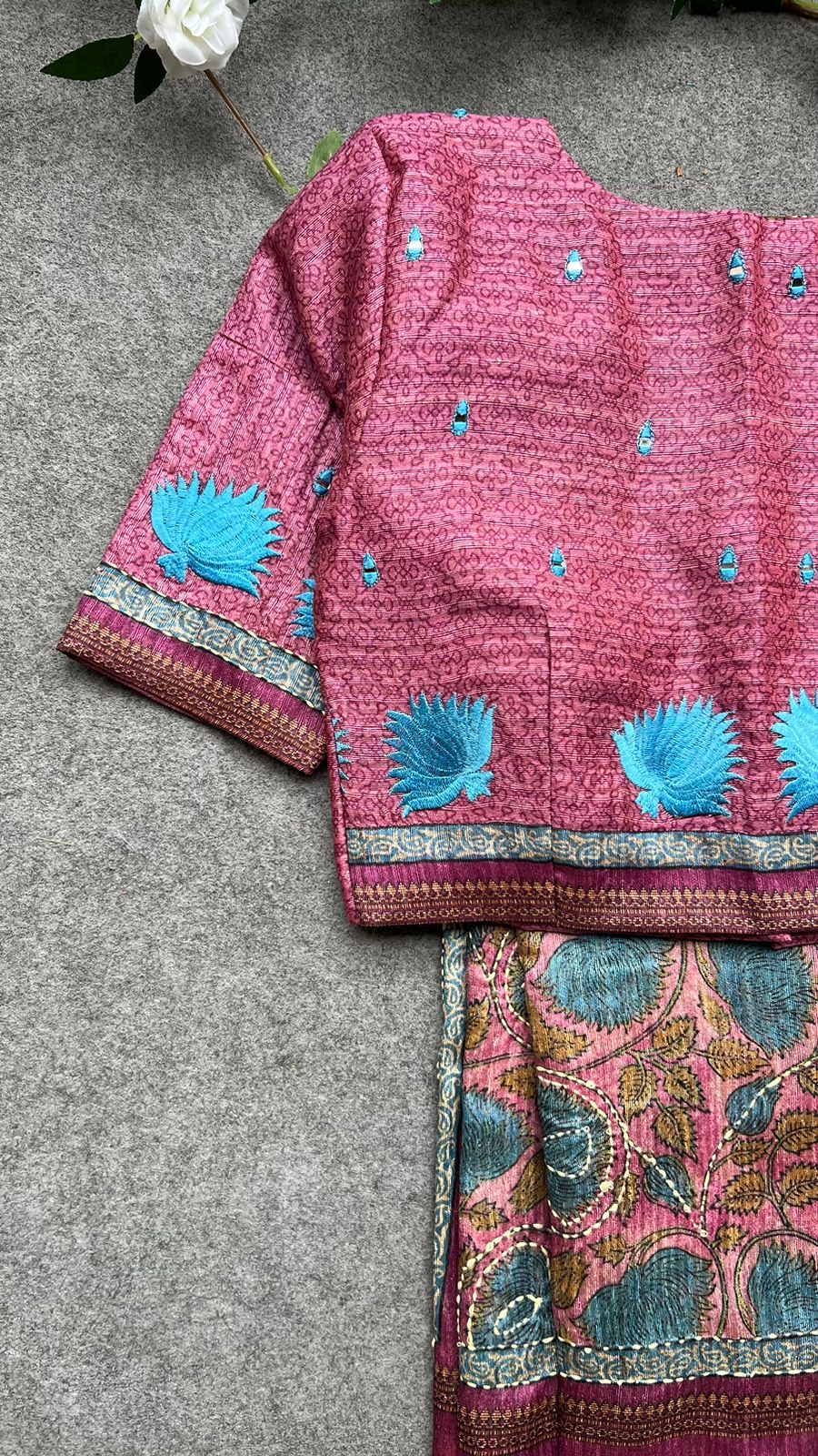 Kantha pink floral chanderi saree with embroidery blouse