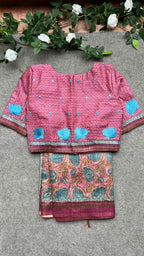 Kantha pink floral chanderi saree with embroidery blouse