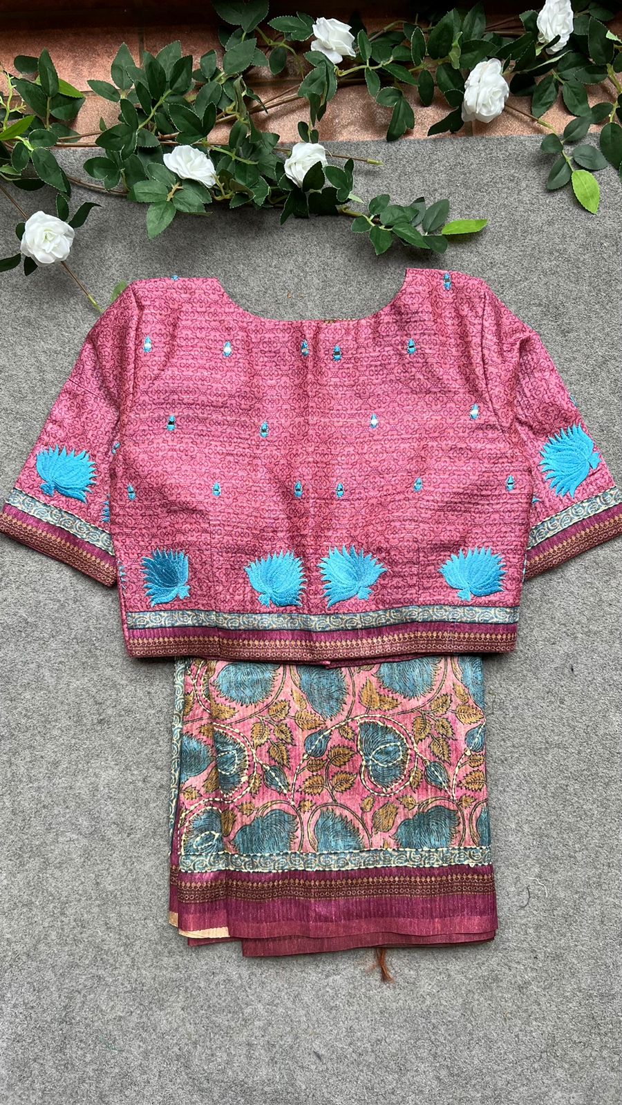 Kantha pink floral chanderi saree with embroidery blouse