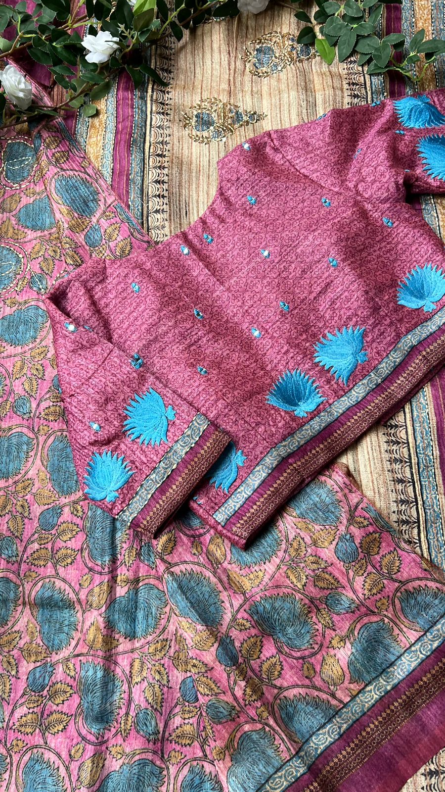 Kantha pink floral chanderi saree with embroidery blouse