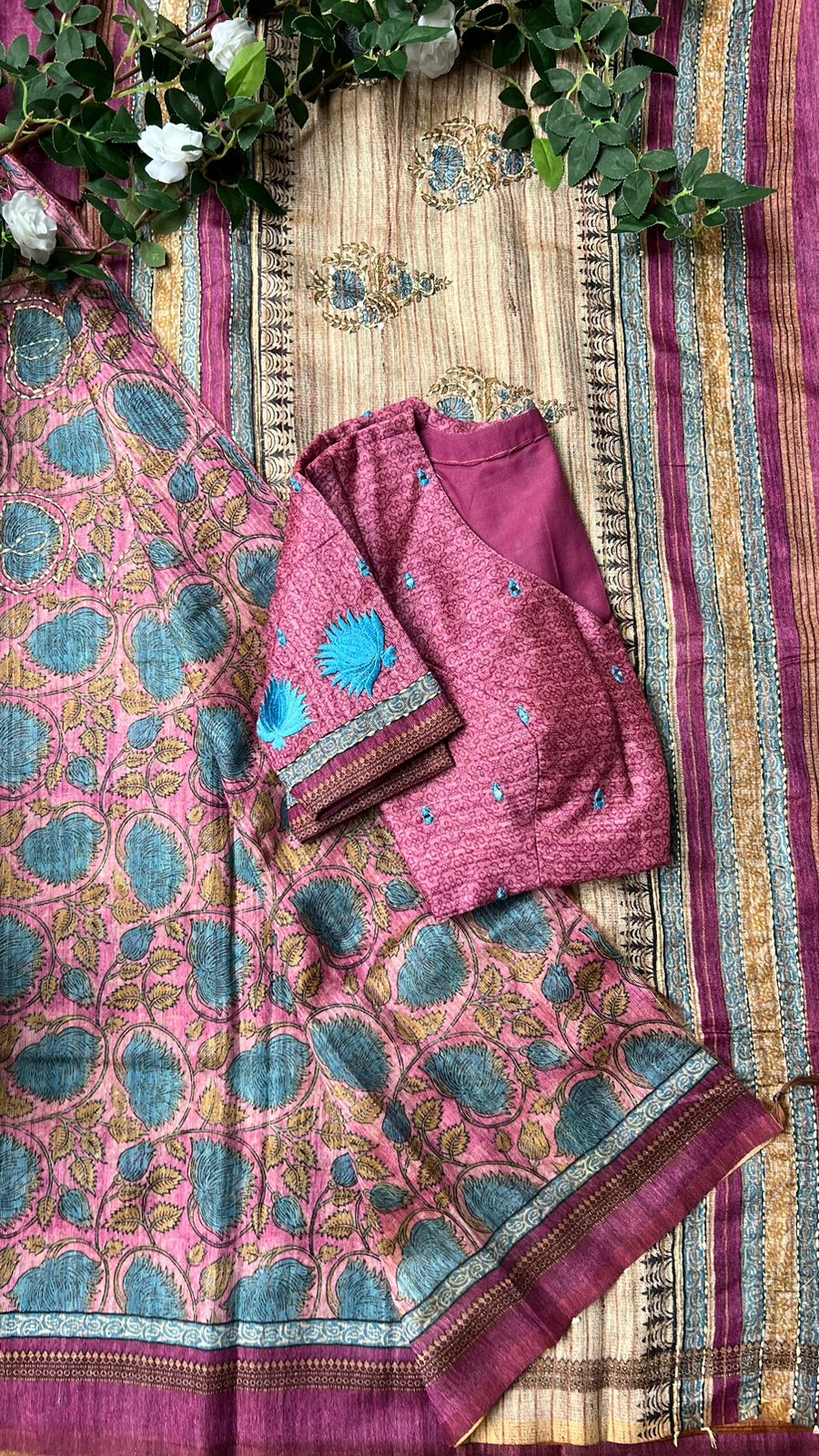 Kantha pink floral chanderi saree with embroidery blouse