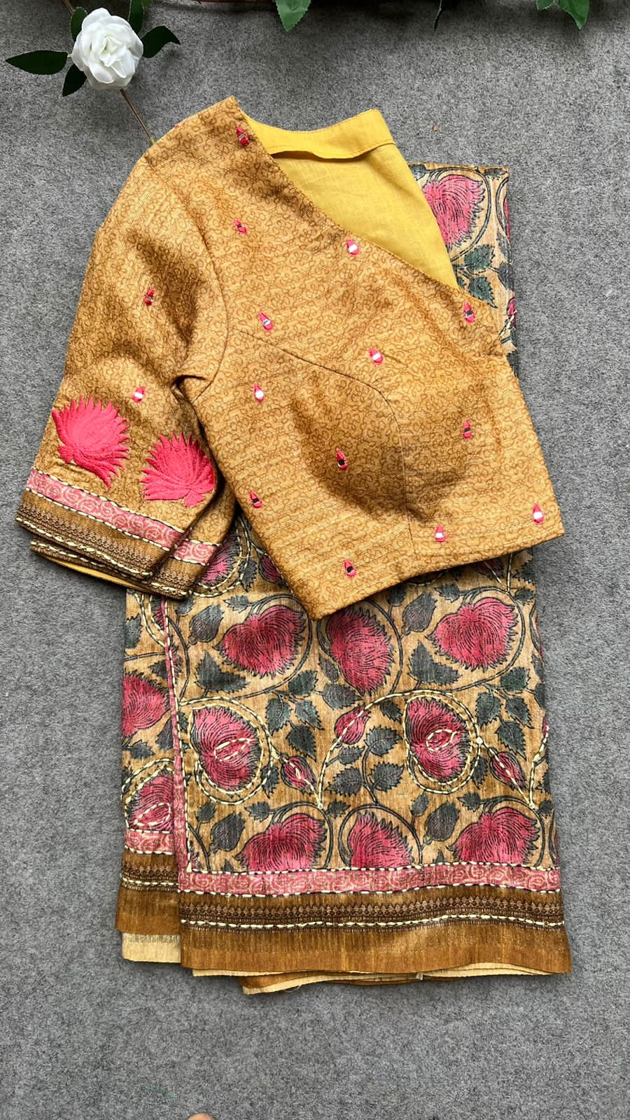 Kantha fenugreek floral chanderi saree with embroidery blouse