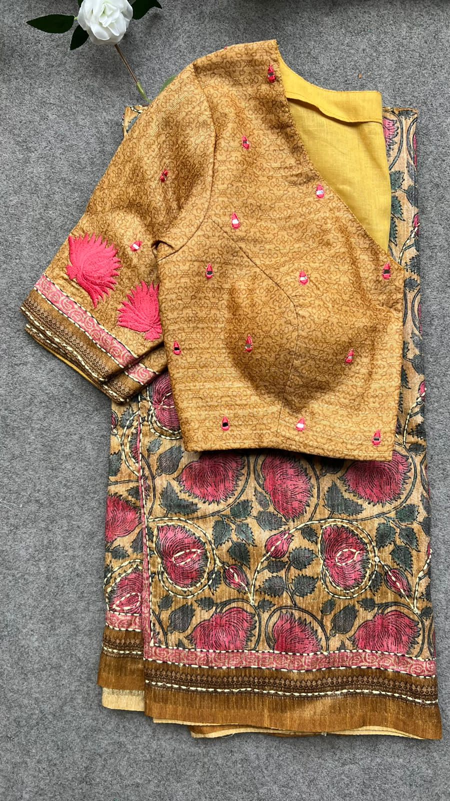 Kantha fenugreek floral chanderi saree with embroidery blouse