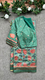 Kantha green floral chanderi saree with embroidery blouse