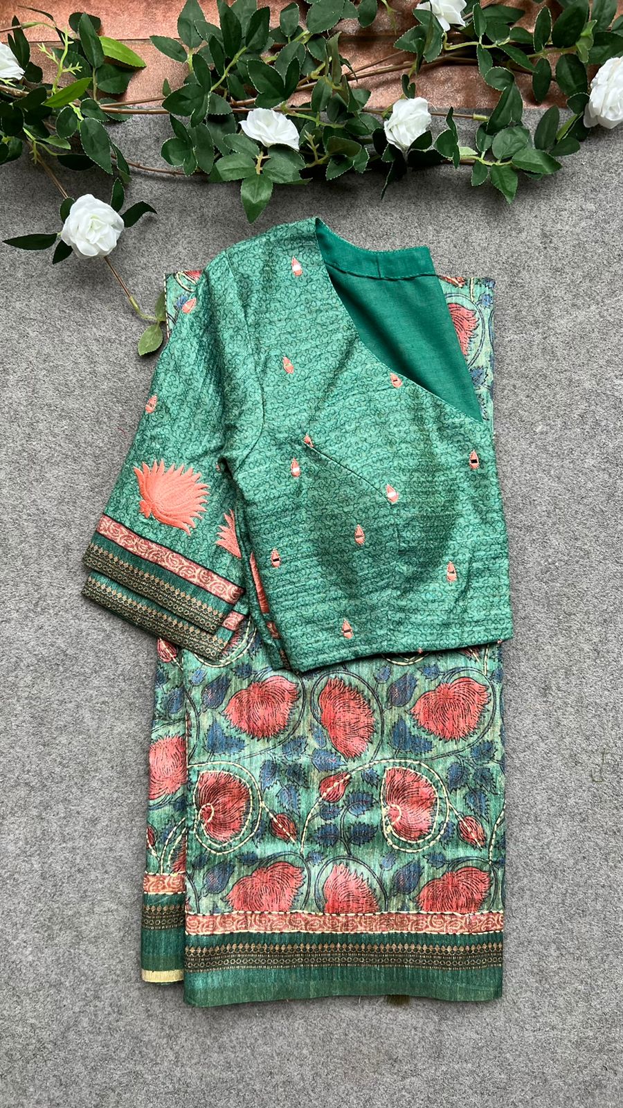 Kantha green floral chanderi saree with embroidery blouse