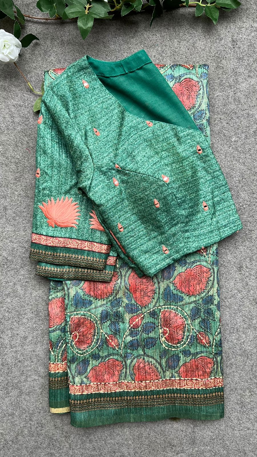 Kantha green floral chanderi saree with embroidery blouse