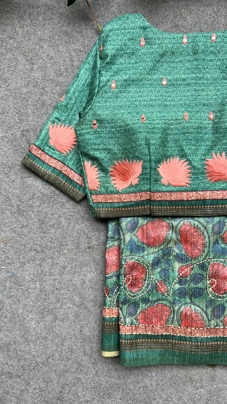 Kantha green floral chanderi saree with embroidery blouse