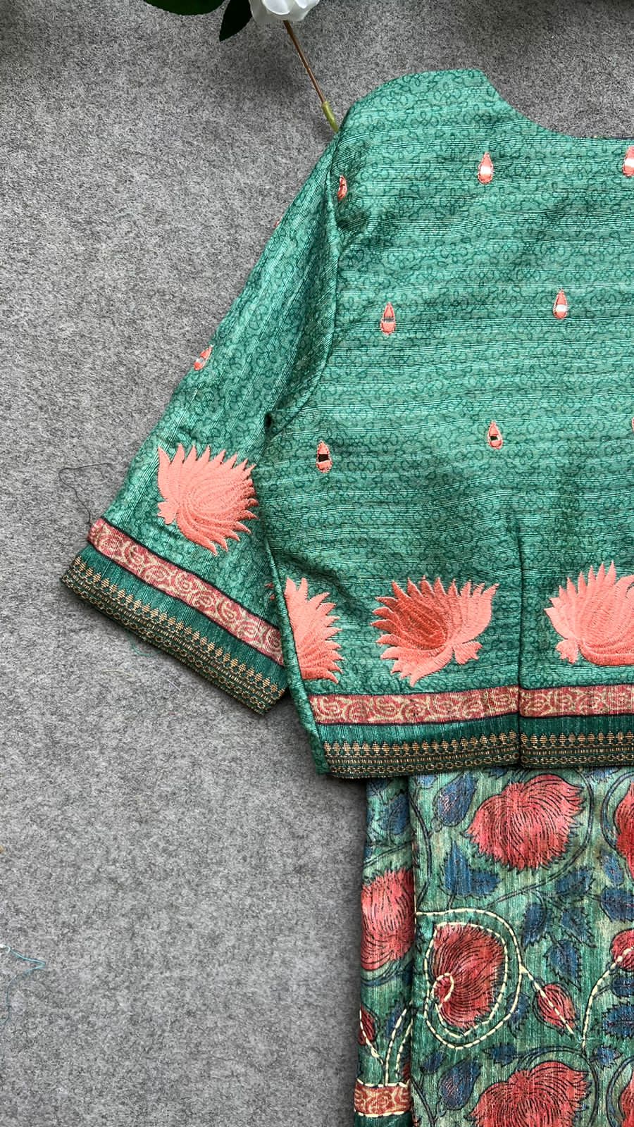 Kantha green floral chanderi saree with embroidery blouse