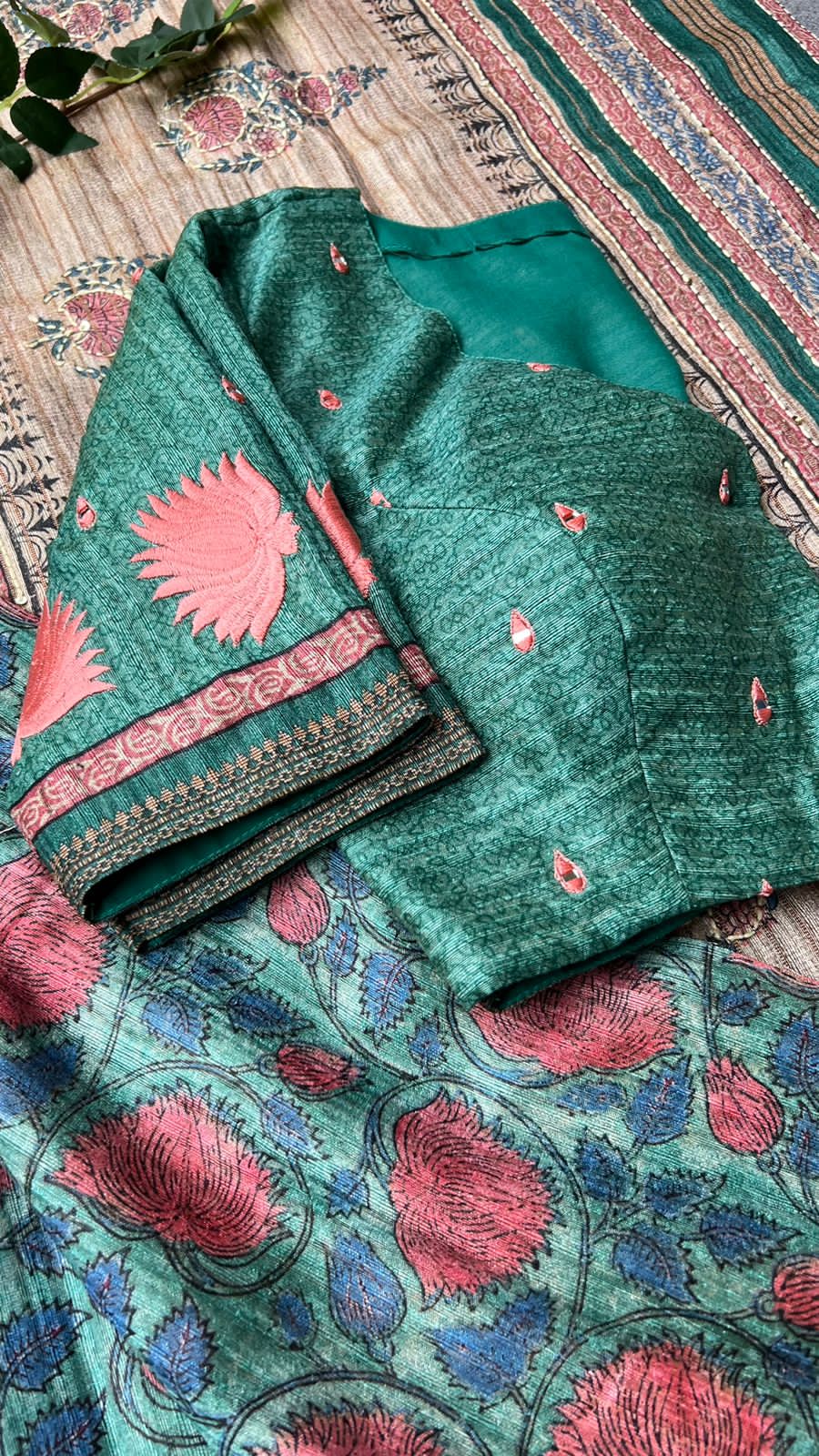Kantha green floral chanderi saree with embroidery blouse