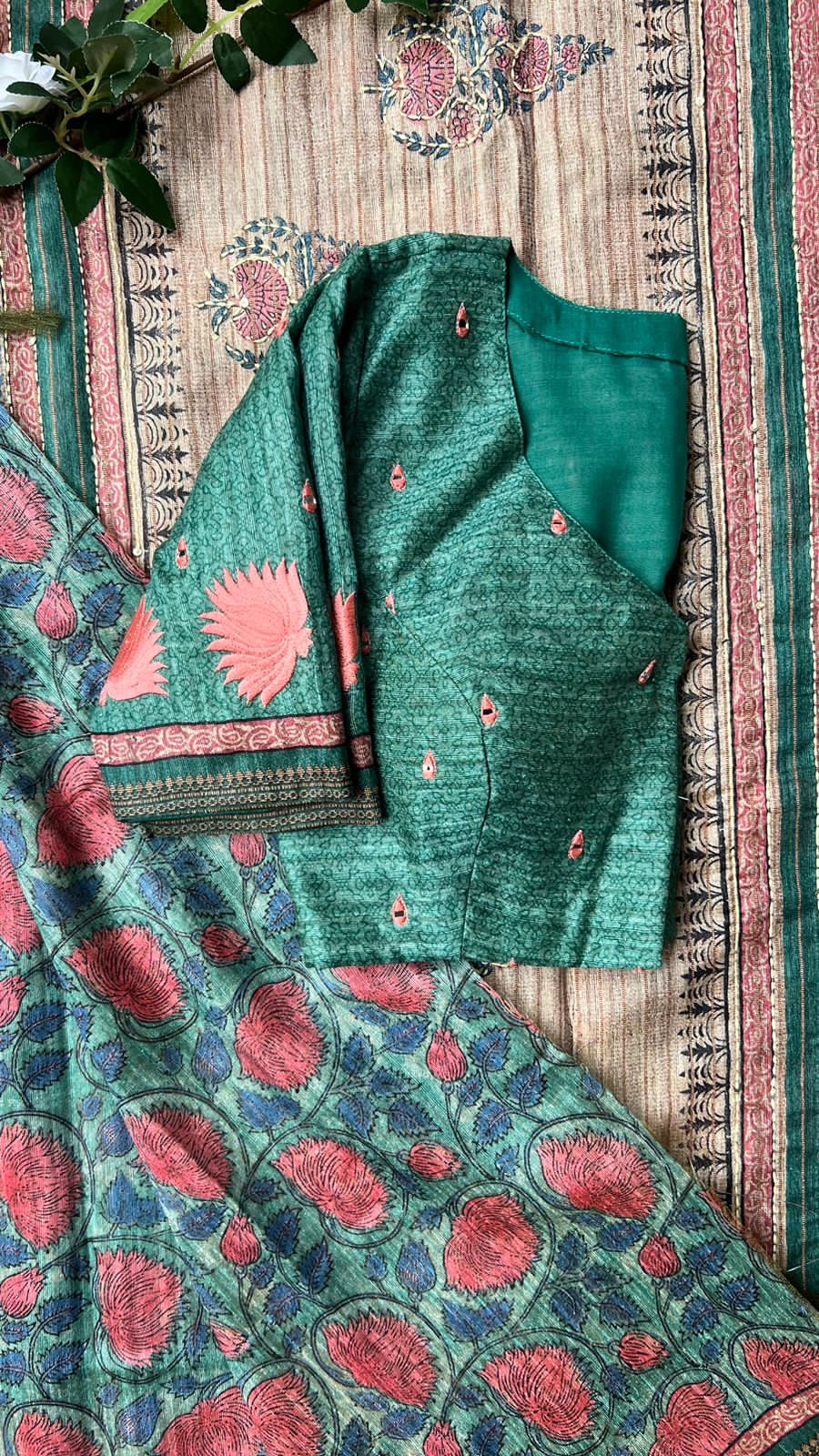 Kantha green floral chanderi saree with embroidery blouse