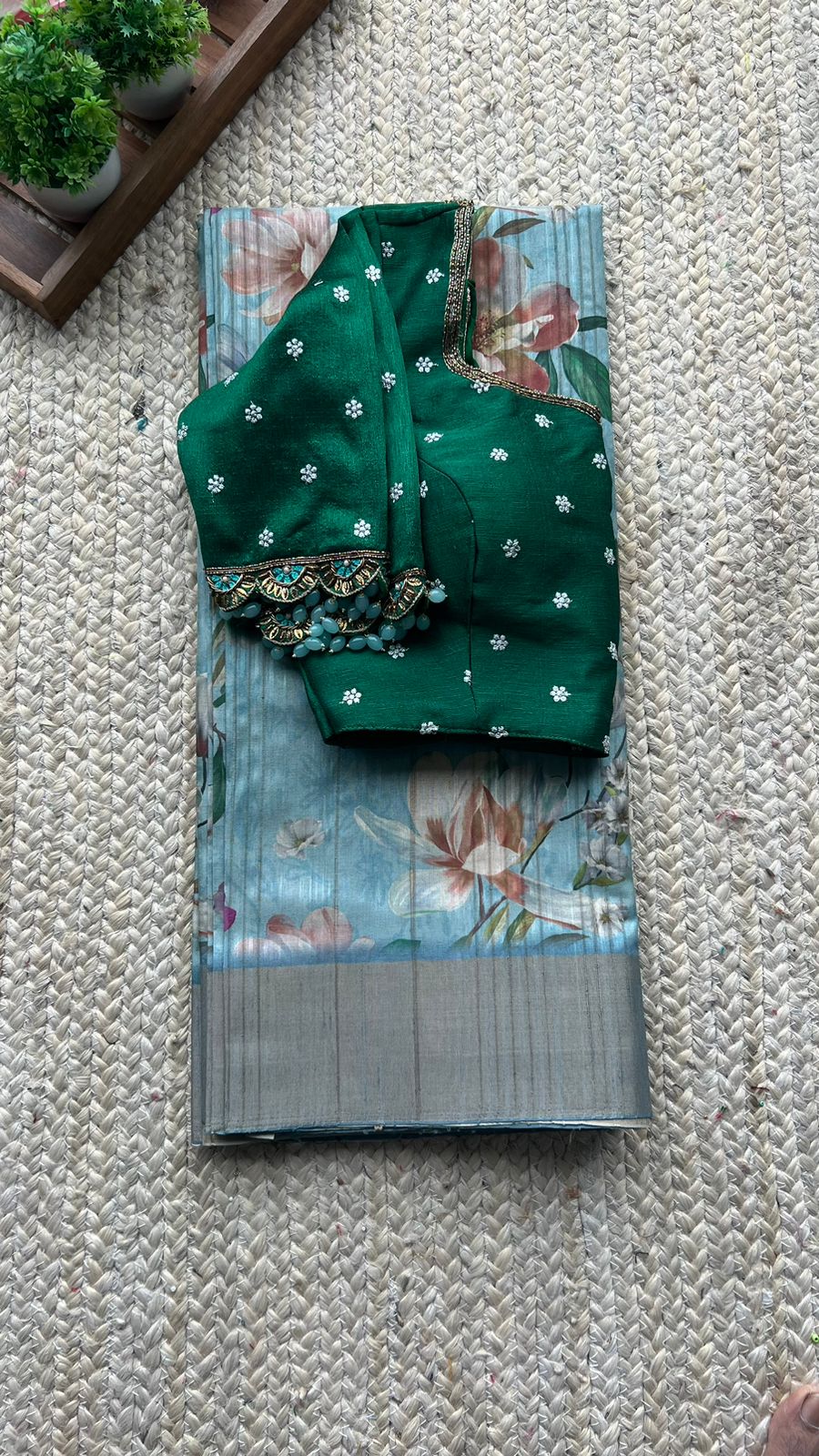Blue floral tussar silk saree with hand work blouse
