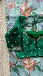 Blue floral tussar silk saree with hand work blouse