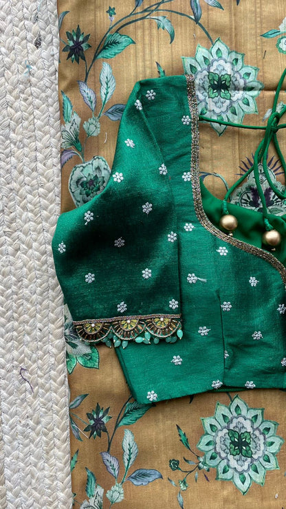 Fenugreek floral tussar silk saree with hand work blouse