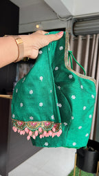Blue floral tussar silk saree with hand work blouse