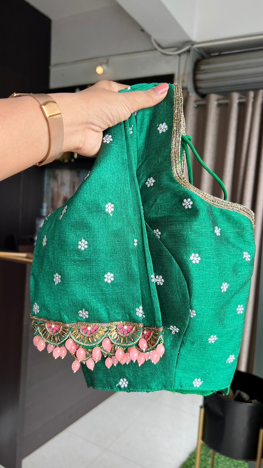 Fenugreek floral tussar silk saree with hand work blouse