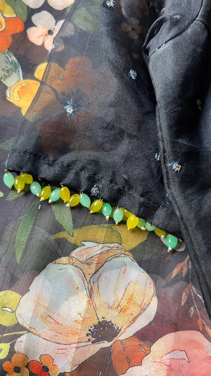 Black floral organza saree with organza blouse